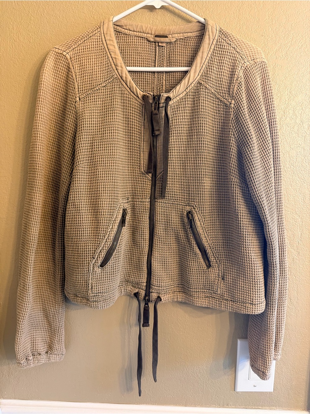 Free People Waffle-Knit Zip Front Jacket - khaki